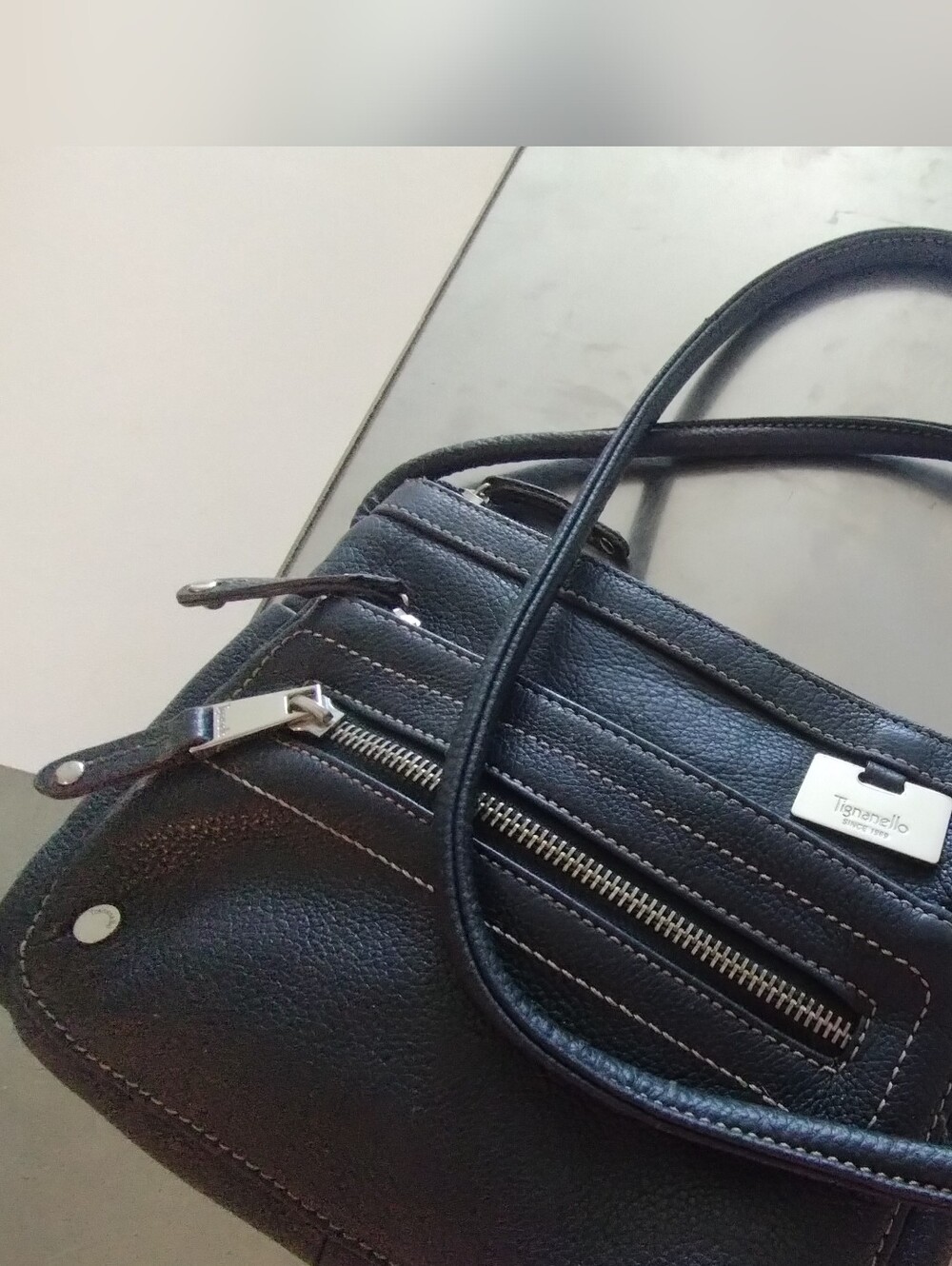Tignanello Black Pebbled Leather Shoulder Bag with Silver Hardware
